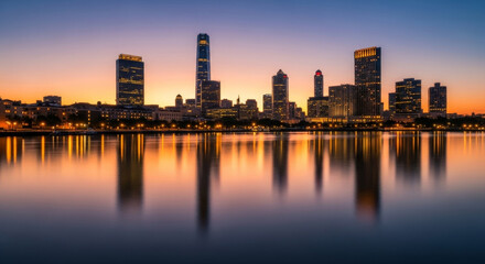 Naklejka premium City skyline at sunset reflecting in calm water with warm glowing lights.