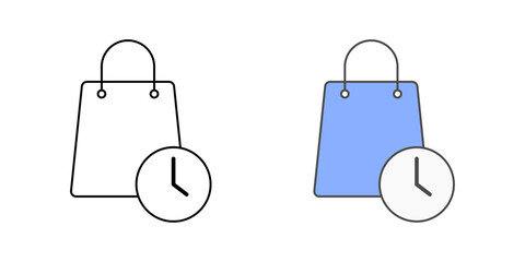 Delayed payment icon with shopping bag and clock, in outline and color styles, ideal for illustrating BNPL purchase delays, deferred payment options, and postponed checkout processes.