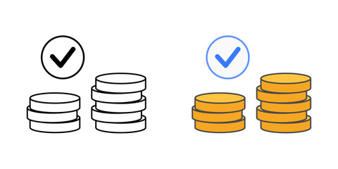 Deferred payment approval icon with checkmark and coins, in outline and color styles, ideal for illustrating approved BNPL transactions, postponed payment confirmation, and installment financing