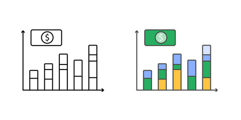 Installment schedule icon with segmented bars and money symbol, in outline and color styles, ideal for illustrating BNPL payment plans, installment breakdowns, and financial repayment schedules.