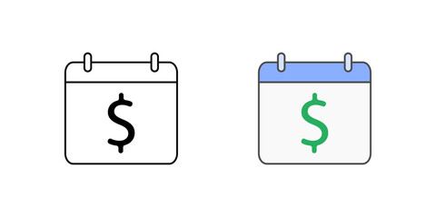 Payment calendar icon with calendar and dollar sign, in outline and color styles, ideal for illustrating payment schedules, BNPL due dates, and financial installment planning.