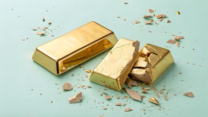 Macro view of a coin press stamping pristine gold, overlaid with floating stock-data charts on peach—industrial elegance meets finance.