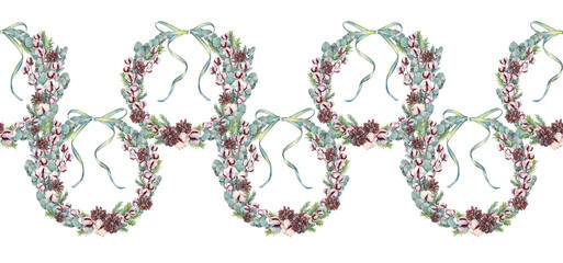Watercolor seamless border with Christmas wreath eucalyptus and cotton and pine cone on white background. Frame with copy space. Green blue silver leaves and bow. Rim for New Year wallpaper