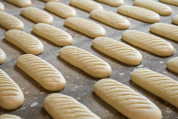 Dough forms for sliced loaves lined up in a bakery plant ready for baking