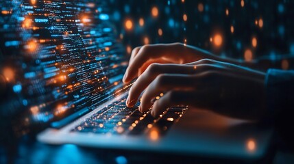 Coding Interface, Hands Typing on Laptop with Abstract Digital Overlay