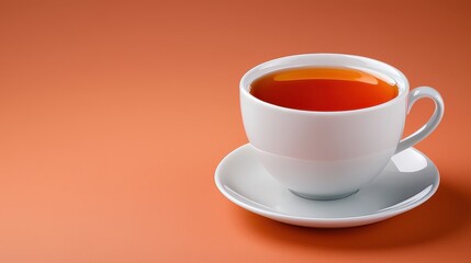 Obraz premium Amber Tea in White Teacup on Orange Background