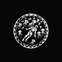 Scuba diver with fish on the black background. Vector illustration. Illustration of a scuba diver and a ship on a black background.