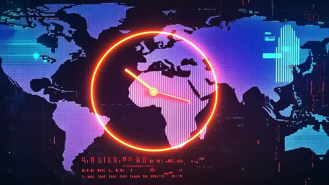 Futuristic digital world map with neon clock overlay highlighting Europe and time zone changes - Powered by Adobe