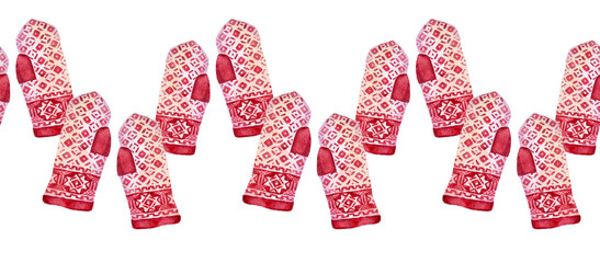 Watercolor seamless border with hand-drawn pair of red mittens on white background. Item of clothes accessory with ornament. Winter rim for sticker. Wrapping Christmas celebration or wallpaper
