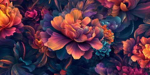 Obraz premium High-resolution shot of intricate floral patterns with vibrant colors and rich details, ideal for elegant, decorative backgrounds.