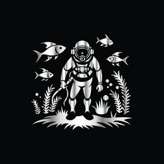 Scuba diver with fish on the black background. Vector illustration. Illustration of a scuba diver and a ship on a black background.