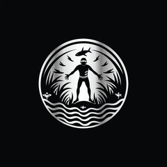 Scuba diver with fish on the black background. Vector illustration. Illustration of a scuba diver and a ship on a black background.