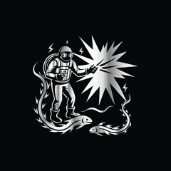 Scuba diver with fish on the black background. Vector illustration. Illustration of a scuba diver and a ship on a black background.