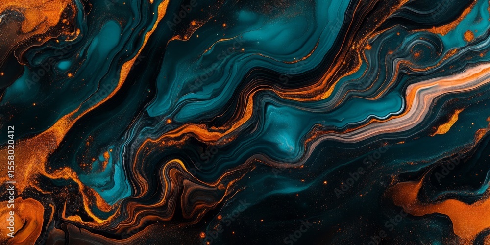 Poster detailed close-up of fluid, marbled patterns with rich colors and flowing lines, ideal for elegant, 