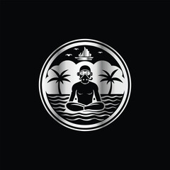 Scuba diver with fish on the black background. Vector illustration. Illustration of a scuba diver and a ship on a black background.