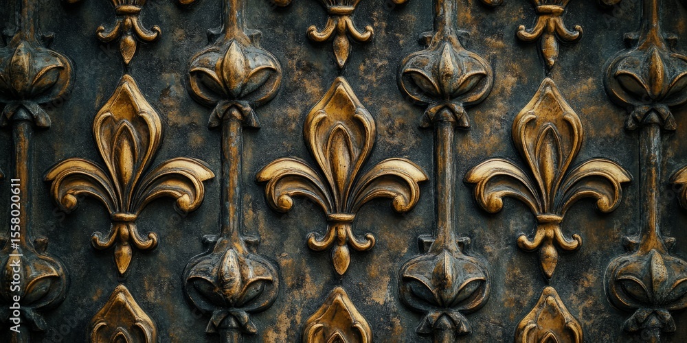 Poster macro shot of detailed, repeating fleur-de-lis patterns with rich textures and elegant details, idea