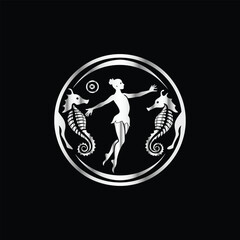 Scuba diver with fish on the black background. Vector illustration. Illustration of a scuba diver and a ship on a black background.