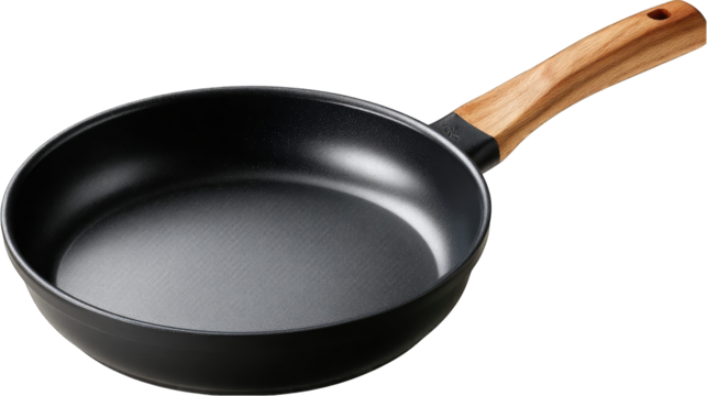 Modern non-stick frying pan with wooden handle on transparent background

