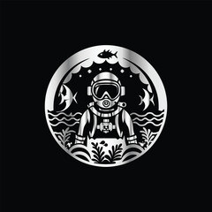 Scuba diver with fish on the black background. Vector illustration. Illustration of a scuba diver and a ship on a black background.