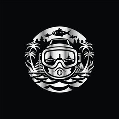 Scuba diver with fish on the black background. Vector illustration. Illustration of a scuba diver and a ship on a black background.