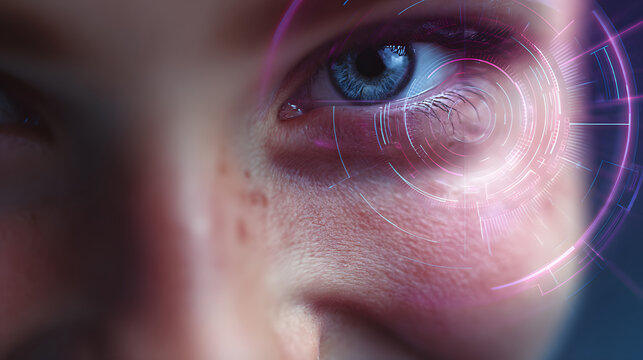 Close-up of a human eye overlaid with a circular technological interface;  pink and blue hues dominate.