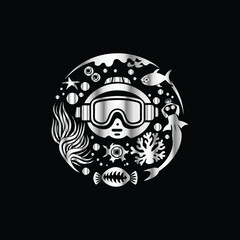 Scuba diver with fish on the black background. Vector illustration. Illustration of a scuba diver and a ship on a black background.