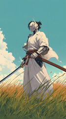 Fototapeta premium A cyborg samurai, wearing a white kimono and helmet, stands in tall grass, holding a katana. The sky is light blue with clouds.