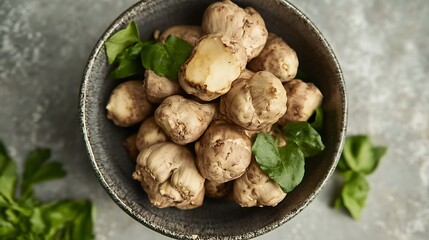 Fototapeta premium Bowl of fresh white truffles with green leaves on a gray mottled surface