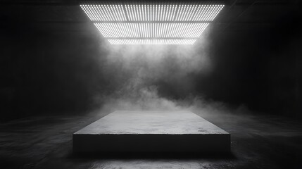 Concrete platform in a dark, smoky room illuminated by a bright overhead light