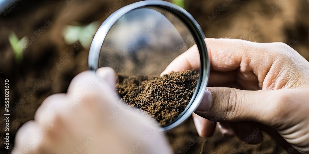 Poster a researcher examining soil samples with a magnifying glass, highlighting the biodiversity and ecosy