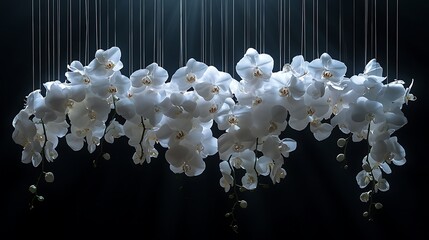 Elegant white orchids and roses suspended midair with invisible threads, black void background, dramatic spotlight from below, avant-garde concept. Created Using: prime lens, experimental lighting,