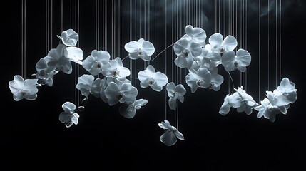Elegant white orchids and roses suspended midair with invisible threads, black void background, dramatic spotlight from below, avant-garde concept. Created Using: prime lens, experimental lighting,