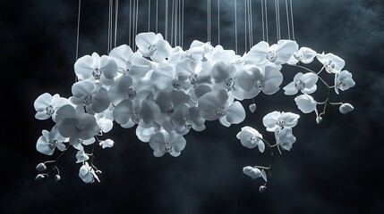 Plakat Elegant white orchids and roses suspended midair with invisible threads, black void background, dramatic spotlight from below, avant-garde concept. Created Using: prime lens, experimental lighting,