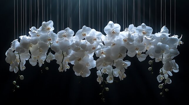Elegant white orchids and roses suspended midair with invisible threads, black void background, dramatic spotlight from below, avant-garde concept. Created Using: prime lens, experimental lighting,