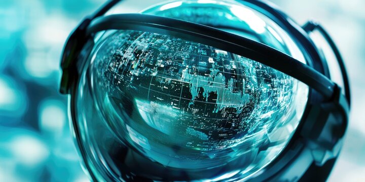 a VR headset with a detailed digital world reflected in the lenses, illustrating the rise of immersive technology.