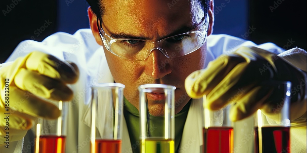 Poster precision shot of a researcher handling test tubes in a sterile lab, capturing the focus on medical 