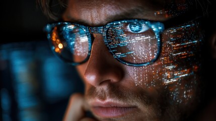 Cybersecurity Expert:  A Close-Up of a Programmer's Focused Face Illuminated by Lines of Code Reflected in His Glasses.