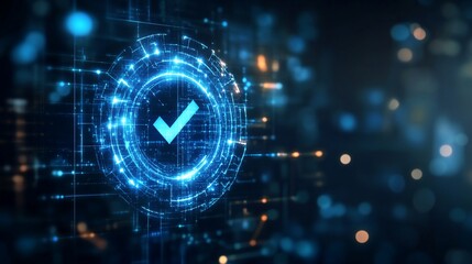Digital Verification: Abstract Glowing Checkmark on a Futuristic Background