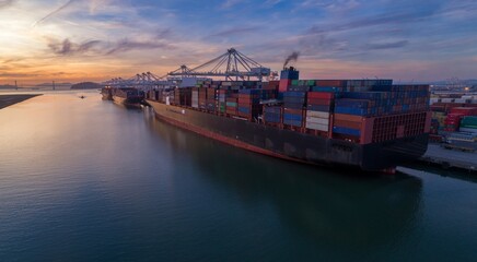 Container ships loaded with cargo containers, docked at the Port of Oakland, USA. Cranes unload...