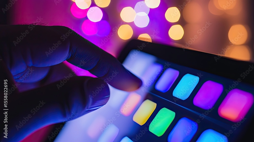 Fototapete Macro image of a smart lighting control interface, with customizable color options on a touchscreen for personalized settings.