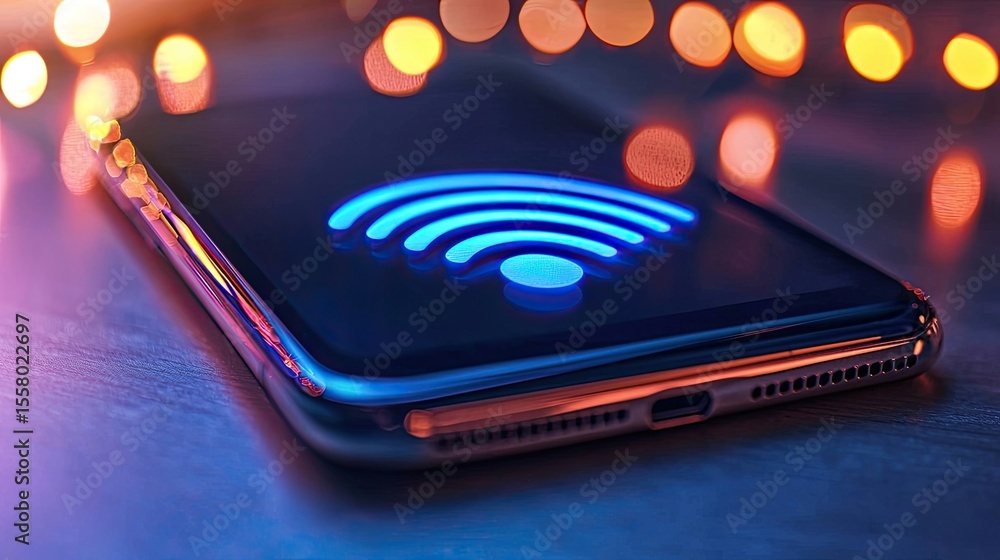 Fototapete Macro view of a smartphone operating on a high-speed wireless network, with real-time data transfer visible.