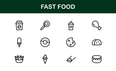 Professional Fast Food Icons Pack with Creative Vector Illustrations of Popular Snacks, Beverages, and Meals
