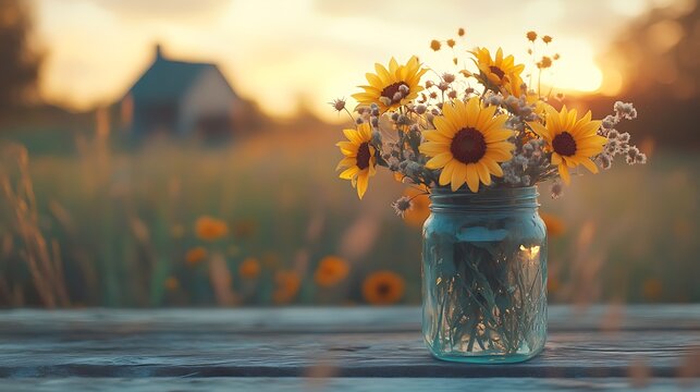 Mason jar with wildflowers and sunflowers on a rustic outdoor table, farmhouse in the distance, soft golden hour glow, relaxed countryside atmosphere. Created Using: prime lens, golden hour lighting,