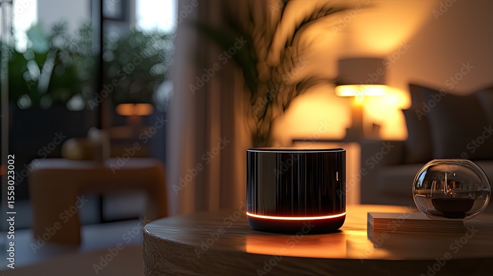 Aufkleber a smart speaker with active voice command and a subtle glowing LED ring, blending modern design into home decor.