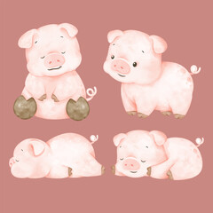 Vector cartoon illustration of Cute Pink Pig Boar piglet sticker set Collection