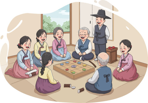 Family Playing Yut Nori Traditional Game during Seollal