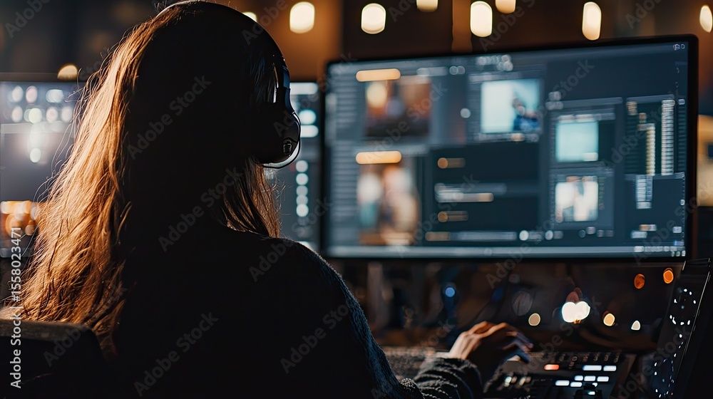 Poster a developer adjusting web framework settings, with environment setup and live server output shown across two monitors.