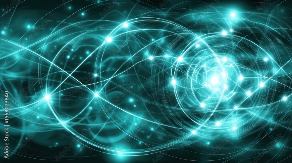 Poster luminous teal network: interconnected nodes and spiraling light trails on dark background