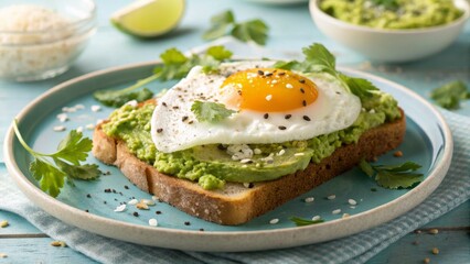 Enjoy a healthy avocado toast topped with a fried egg, garnished with fresh herbs on a teal plate, light blue background.