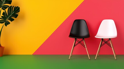 Fototapeta premium Black and White Chairs Against Vibrant Yellow and Red Geometric Background